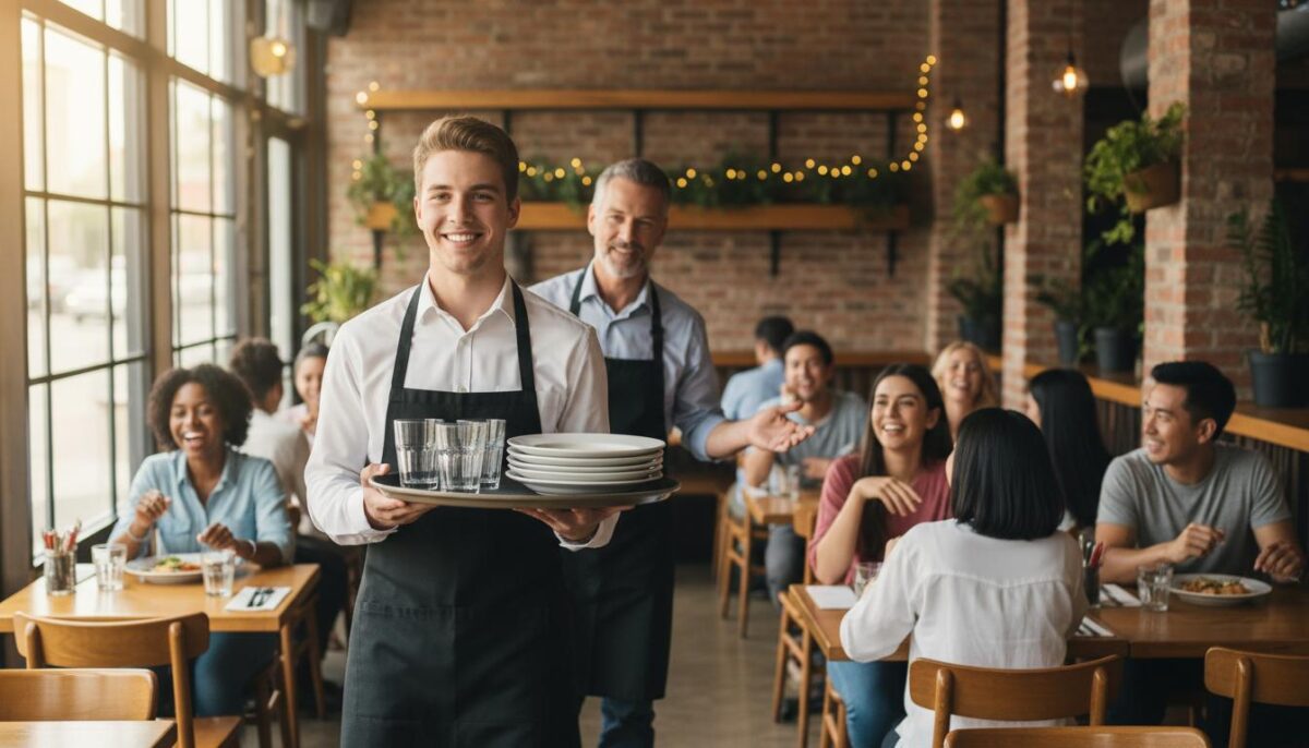 Smilende tjener med bakke
